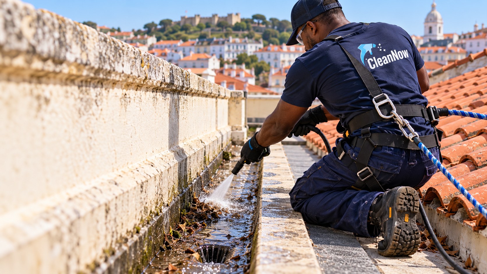 Limpeza de algerozes junto à platibanda, realizada em cima do telhado — imagem ilustrativa CleanNow