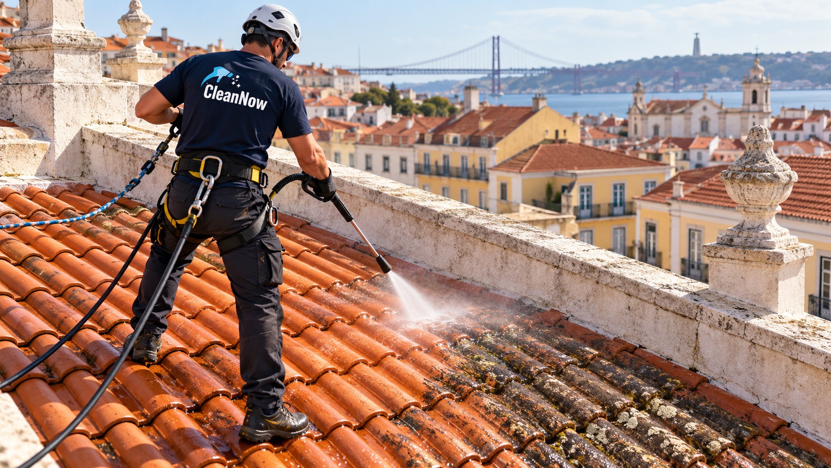 Limpeza de telhado com pistola de pressão, sobre a cobertura de um prédio com platibandas em Lisboa — imagem ilustrativa CleanNow